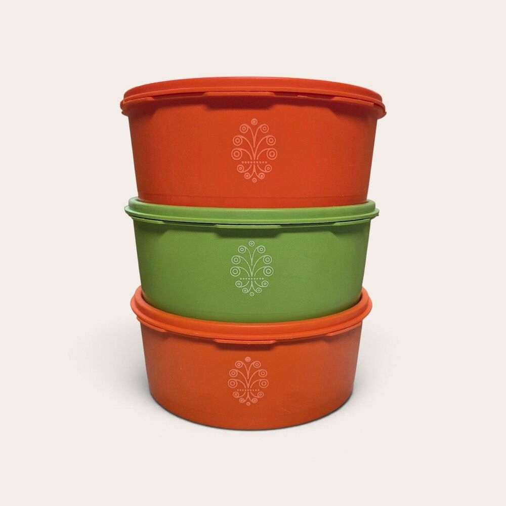 Vintage Tupperware Servalier Bowls Lids 1204 Stack 3 Orange Avocado Green Floral